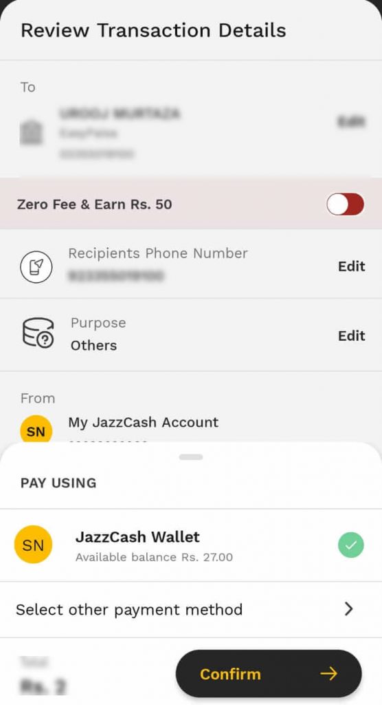 JazzCash to Easypaisa: Through the JazzCash App- Step 6