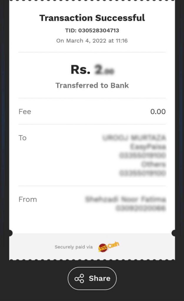 JazzCash to Easypaisa: Through the JazzCash App- Step 7