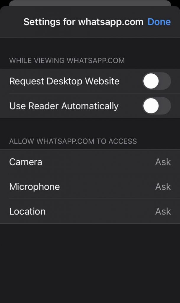 WhatsApp web - "Request Desktop Website"  