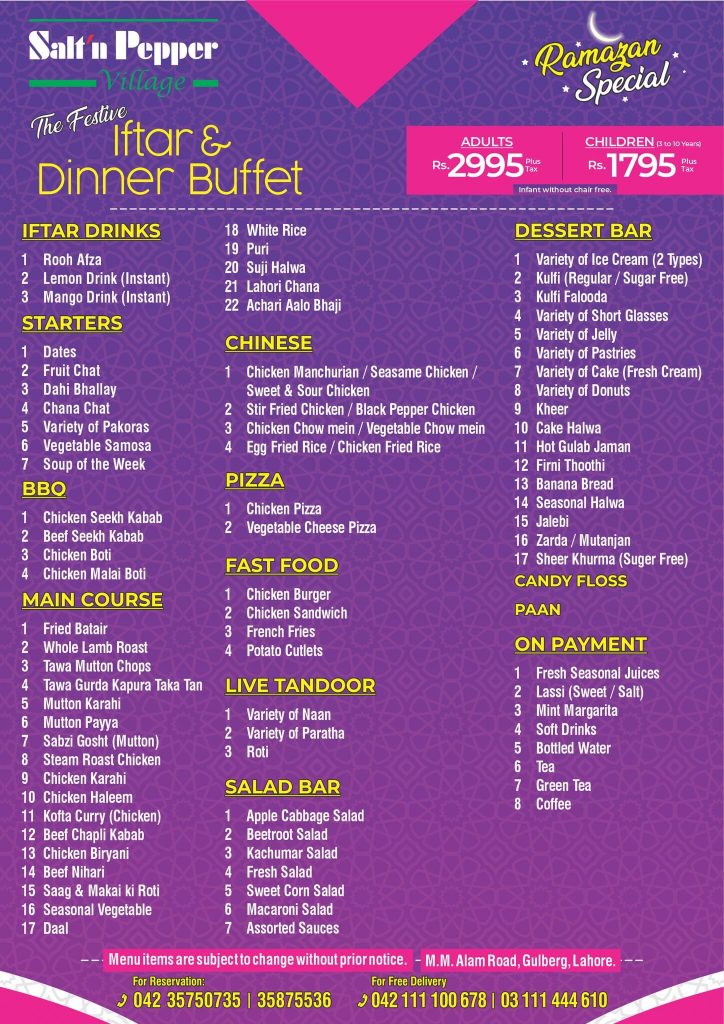 Salt n Pepper - Iftar 7 Dinner Buffet Menu