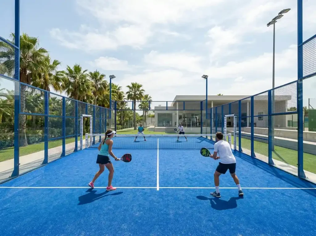 Padel tennis match doubles players hitting ball on court