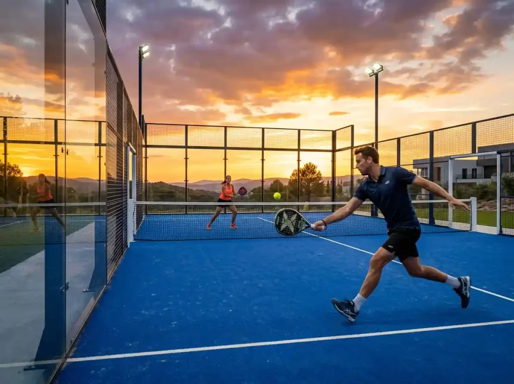 Outdoor padel court with glass walls and players playing match